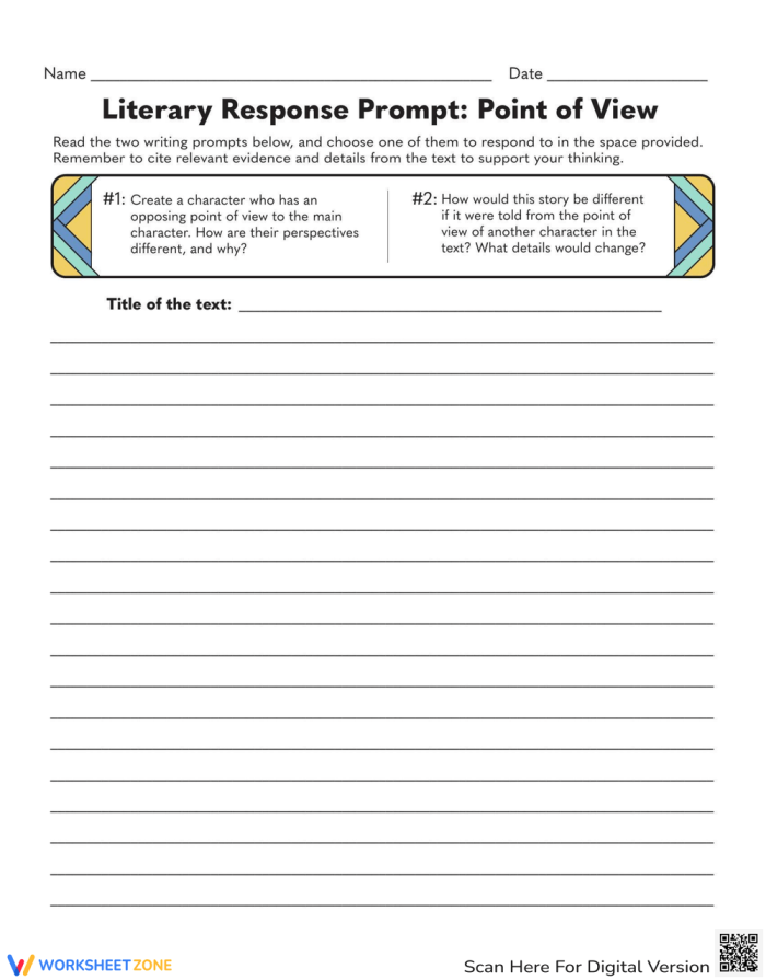 Worksheet featuring literary response prompts for analyzing character perspectives in a story
