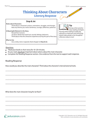 Literary response worksheet for sixth graders analyzing character perspectives in stories