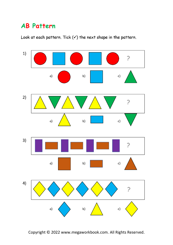 Logical reasoning exercise with geometric shapes for second graders to find the next pattern step Second Grade geometric patterns worksheet for completing sequences and building logic skills