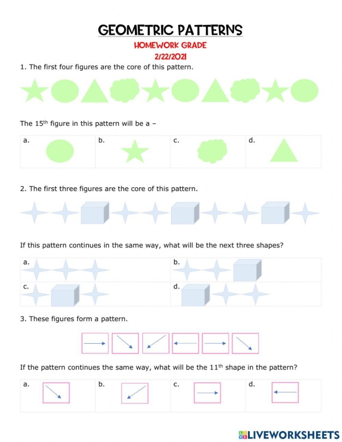 Geometric Patterns puzzle worksheet for young learners building counting and reasoning abilities Second grade worksheet featuring geometric patterns to complete the sequence and enhance logic skills