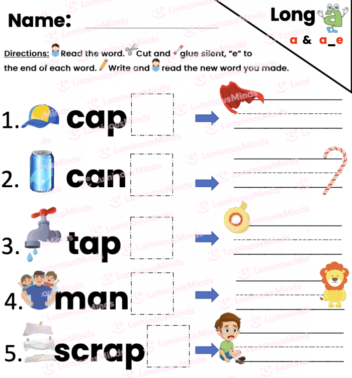 Long A Word Rhymes activity sheet with a fun train design for young learners First Grade Long A Rhymes worksheet featuring a train theme for reading practice