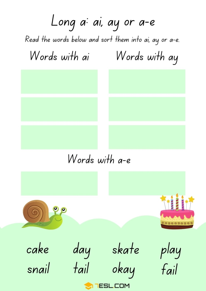Engage with long a sound practice using this educational worksheet for young learners First Grade Long A Rhymes worksheet featuring fun reading and writing activities