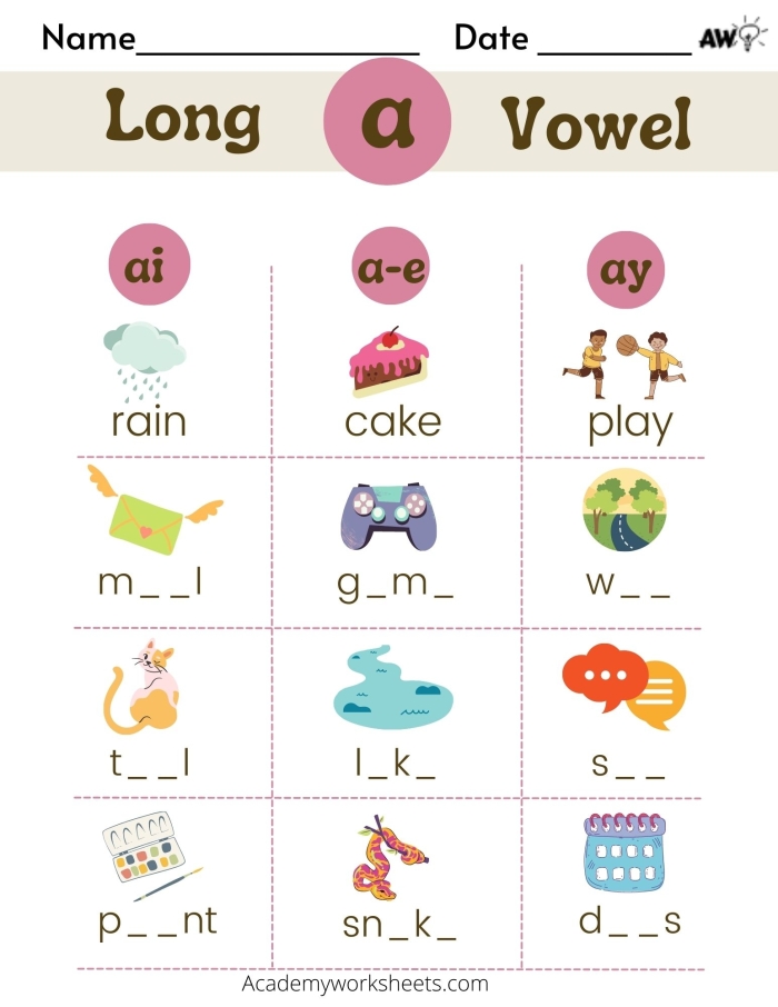Fun Printable Long A Rhymes Worksheets for First Grade Reading