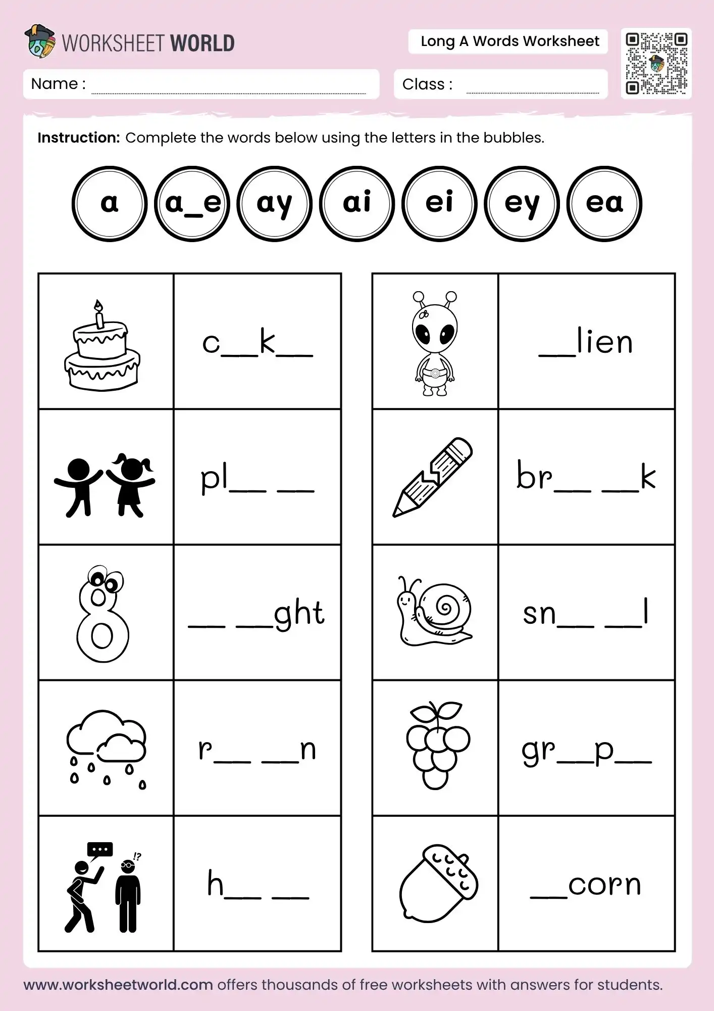 Reading worksheet with long a sound words for young learners on a train adventure First Grade Long A Rhymes worksheet featuring a train theme for reading practice