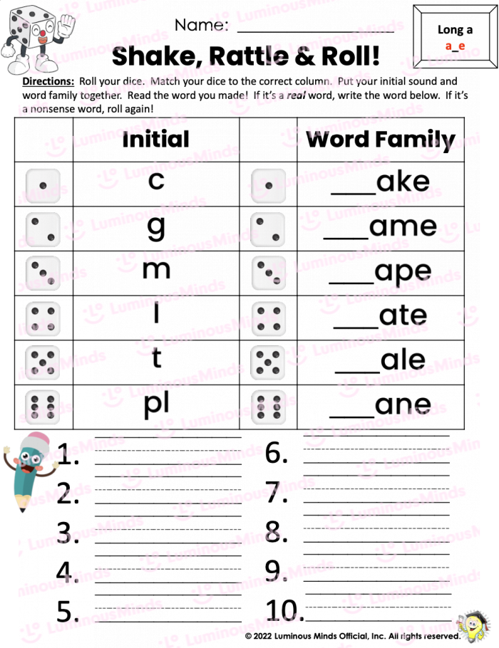 Long A Rhymes exercise for first graders focusing on reading and writing skills on the long a sound First Grade worksheet featuring long a rhymes with a train theme for reading practice