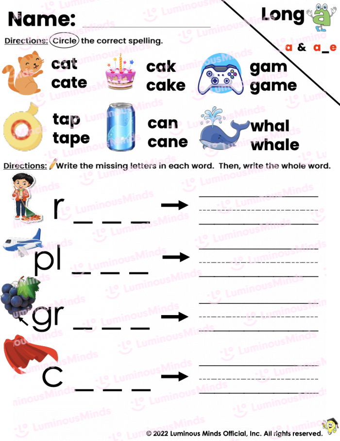 Long A sound reading and writing exercise for young learners on image 6 First Grade Long A Rhymes worksheet featuring a train theme for reading practice