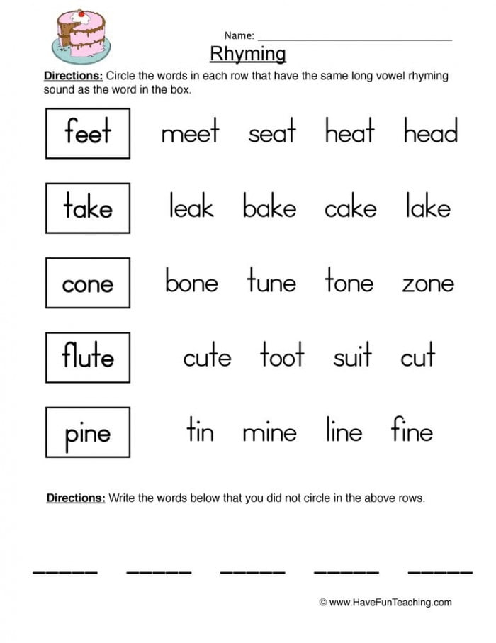 Long A sound practice with worksheet number 9 for early readers First Grade Long A Rhymes worksheet featuring reading and writing activities