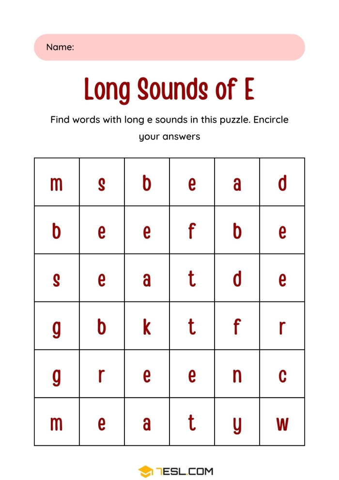 First Grade Long E Word Search puzzle focused on phonics and fractions