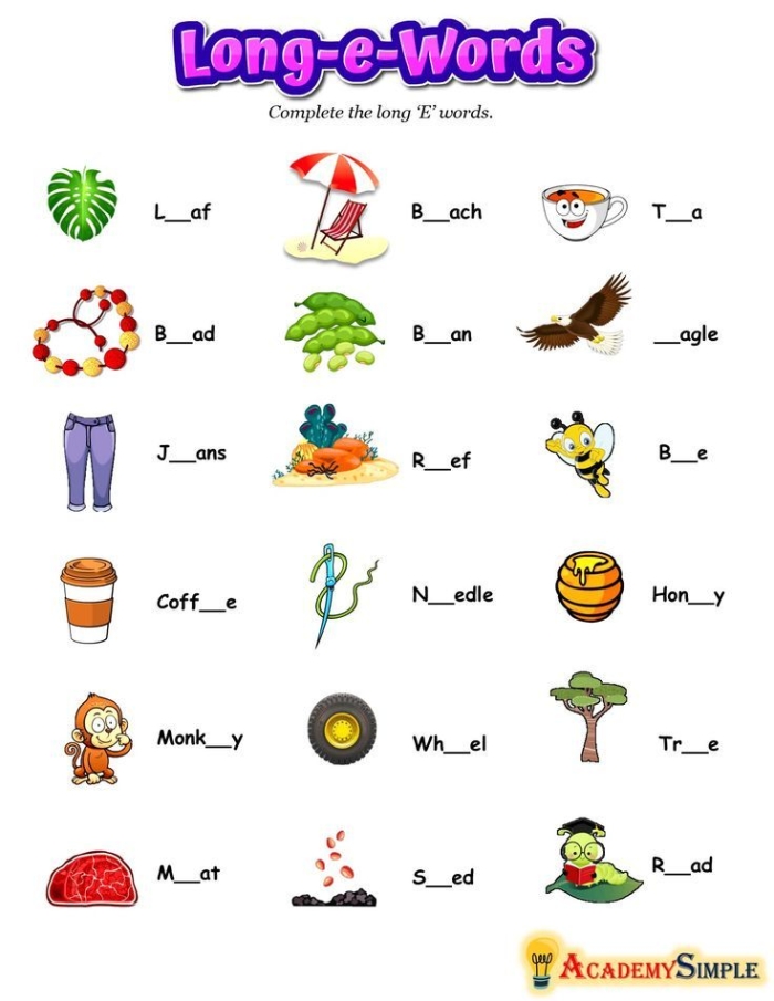 Long E Words Phonics Activity for Beginning Readers Grade 1 First grade long e sound sorting worksheet with pictures and words for phonics practice