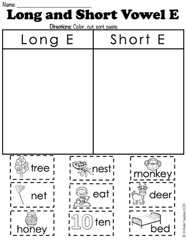 Long E Words Sorting Activity for Beginning Readers Grade 1 First grade long e sound word sorting worksheet with pictures and words