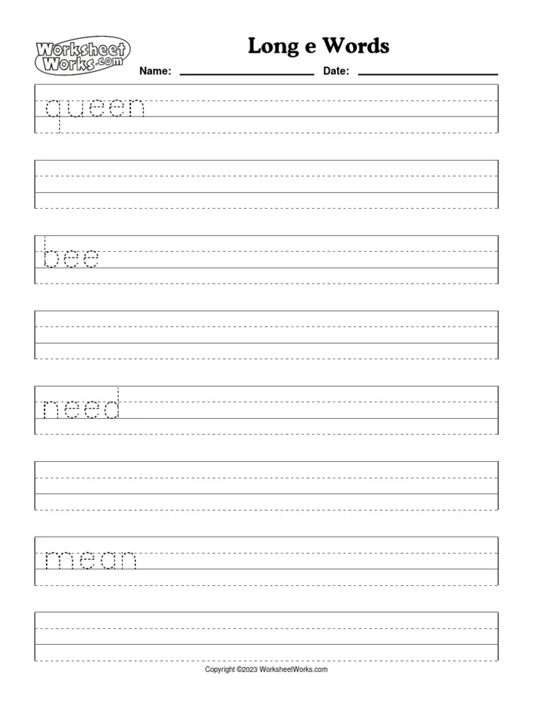 Long E Words Practice Sheet for Early Readers First grade long e sound words sorting activity worksheet