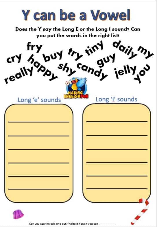 First Grade phonics worksheet focusing on the letter Y making a long I sound