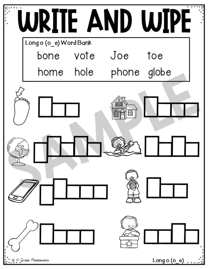 Second grade students completing a colorful worksheet on spelling long O words with picture clues