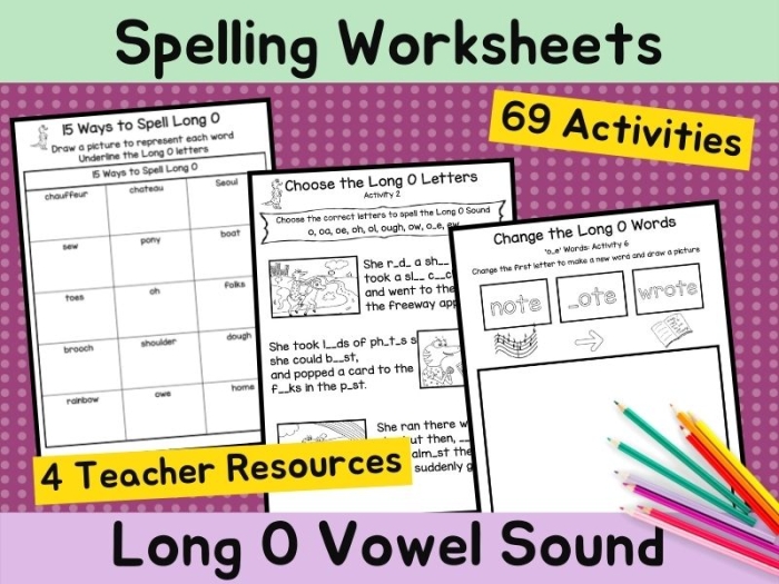 Second grade spelling worksheet focusing on long O vowel sounds with picture clues and word families
