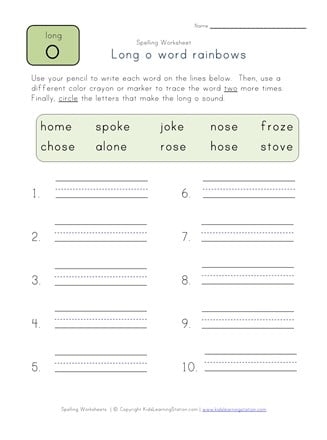 Second grade spelling worksheet focused on long O vowel patterns with picture clues