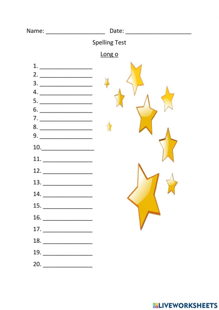 Second grade spelling worksheet focusing on long O vowel sounds with picture clues and word families
