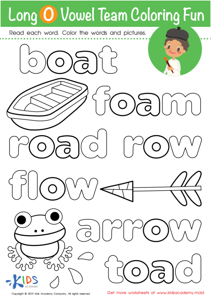 Second grade spelling worksheet focusing on long O vowel sounds with pictures and word families