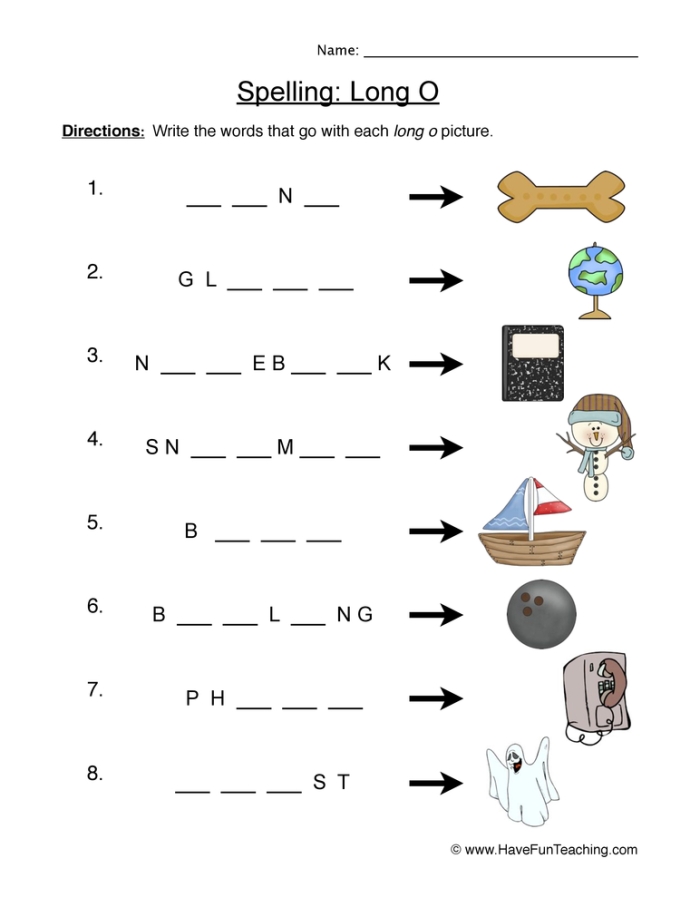 Second grade students practicing long O word families with pictures in a colorful worksheet