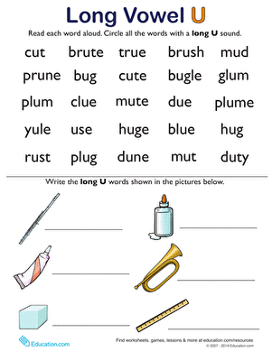 Long U worksheet for first graders featuring word and picture matching activities