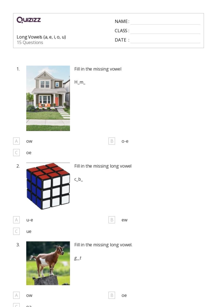 Long U sound worksheet for first graders featuring word and picture matching activities