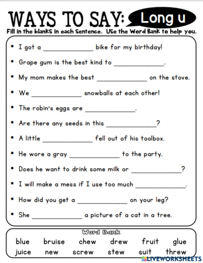 Worksheet for practicing long U words with matching pictures for first graders