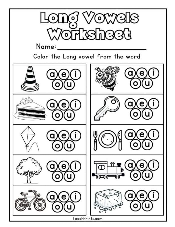 Preschool Long Vowel Hunt worksheet for identifying long vowel sounds