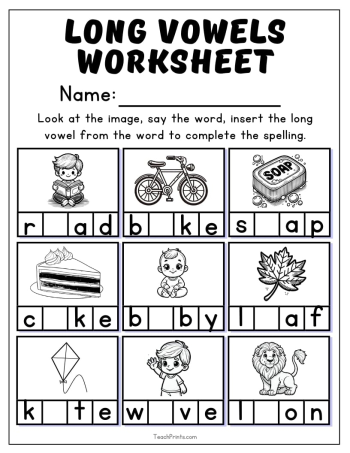 Preschooler working on a Long Vowel Hunt worksheet to identify long vowel sounds