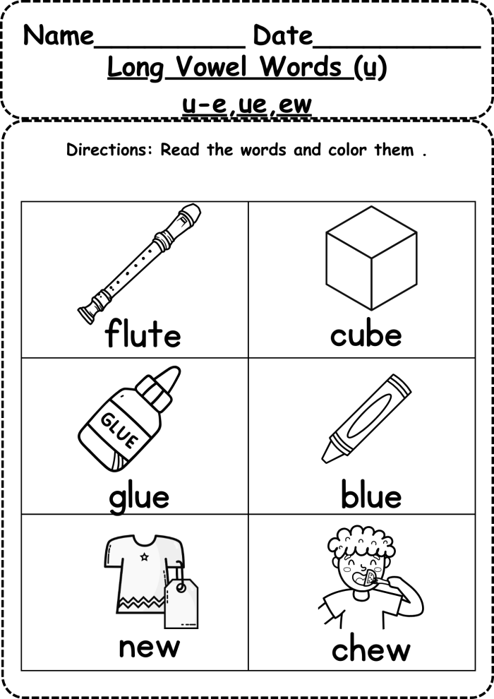 Preschooler identifying long vowel words on a colorful worksheet for early learning