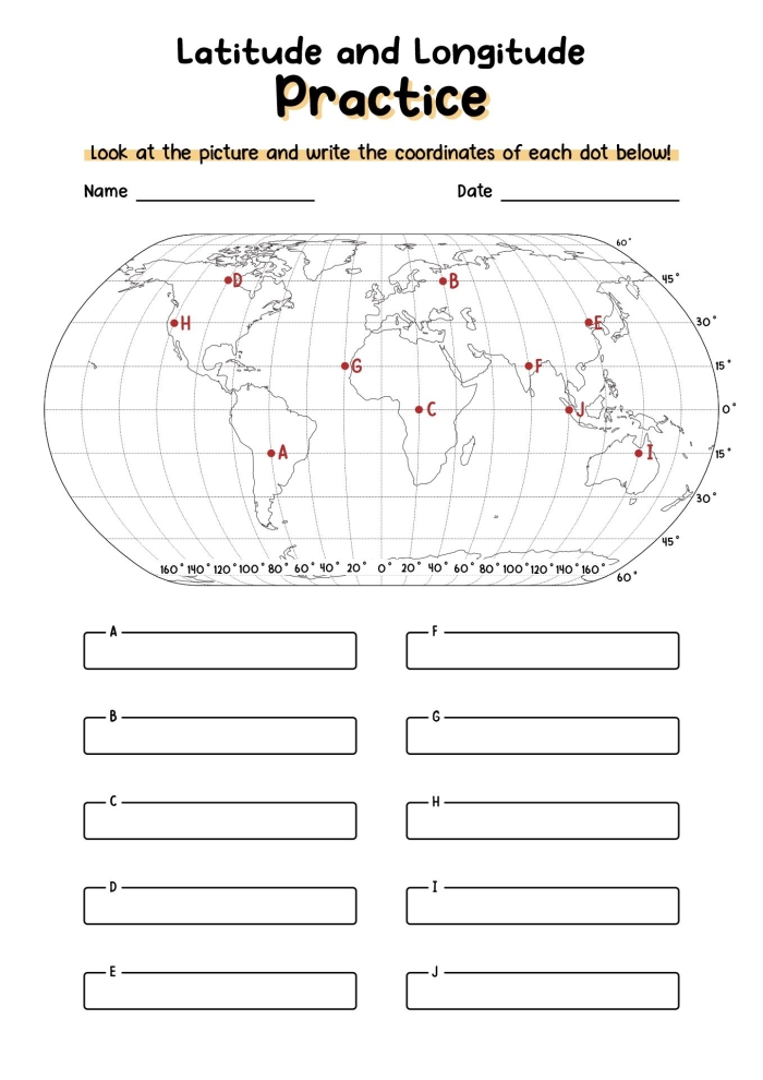 Second Grade worksheet for practicing longitude and latitude by locating cities on a map