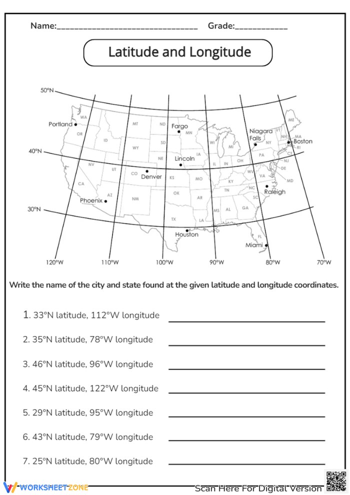 Second grade students using a longitude and latitude coordinates worksheet to locate cities on a map