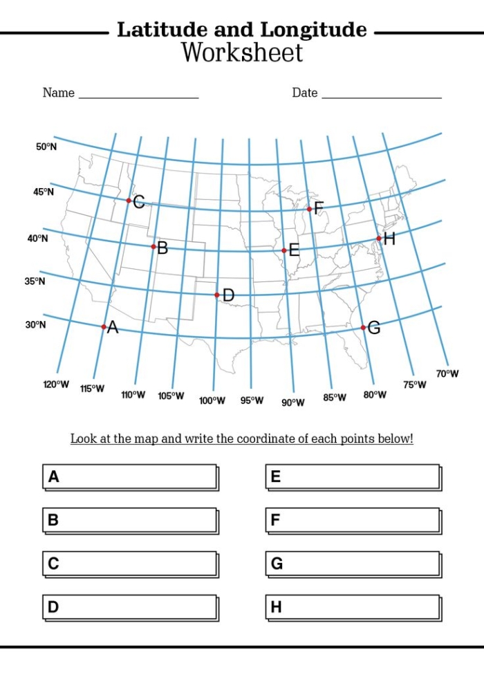 Second grade students working on a longitude and latitude coordinates worksheet identifying cities on a map