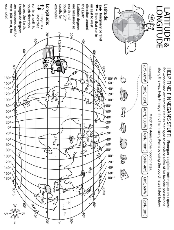Second grade worksheet helping children identify city locations using longitude and latitude lines