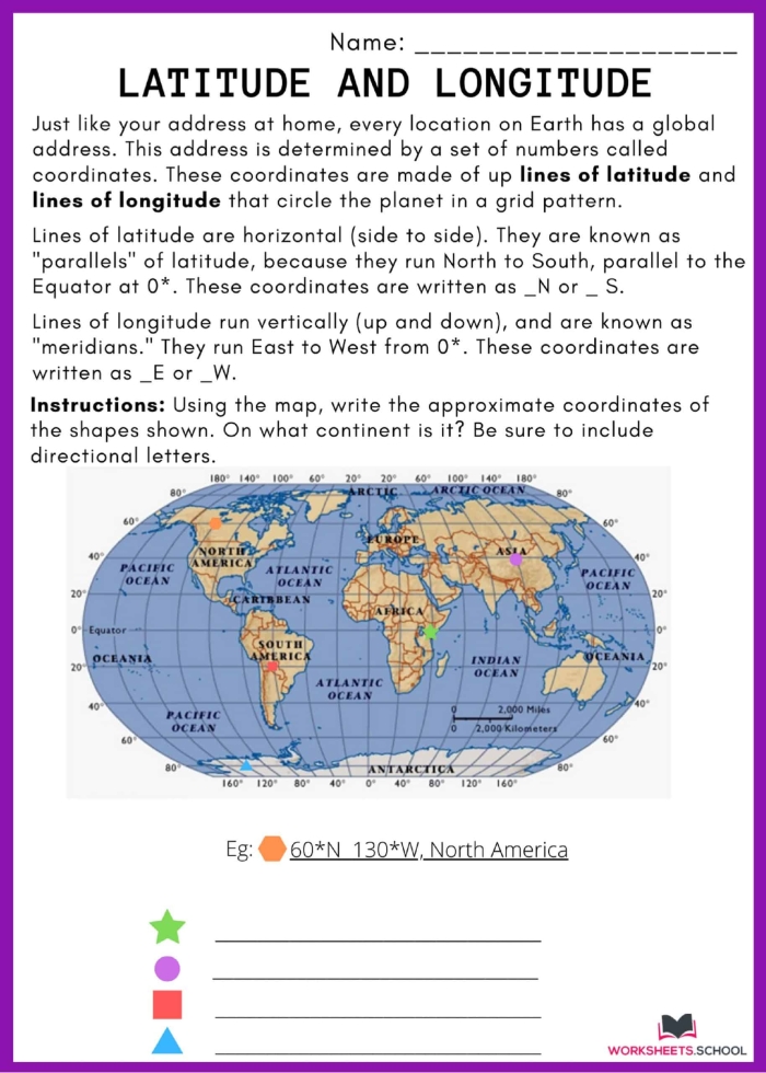 Second grade geography worksheet on longitude and latitude coordinates showing a world map with marked cities