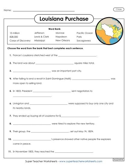 Learning about American expansion and territorial growth with the Louisiana Purchase educational worksheet Fifth grade students exploring the Louisiana Purchase through a geography and history worksheet activity