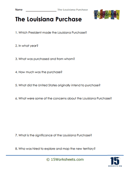 Fourth Grade Louisiana Purchase worksheet featuring a historical map activity
