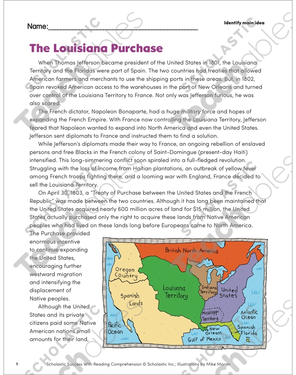 Fourth grade Louisiana Purchase worksheet featuring a U.S. map activity