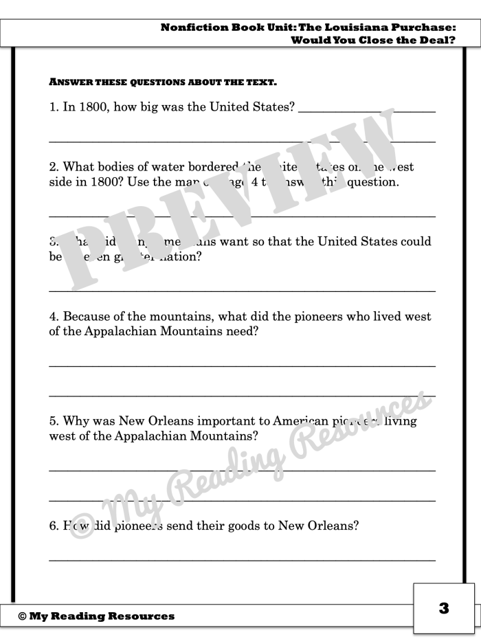 Fourth grade Louisiana Purchase worksheet featuring a map activity on U.S. expansion