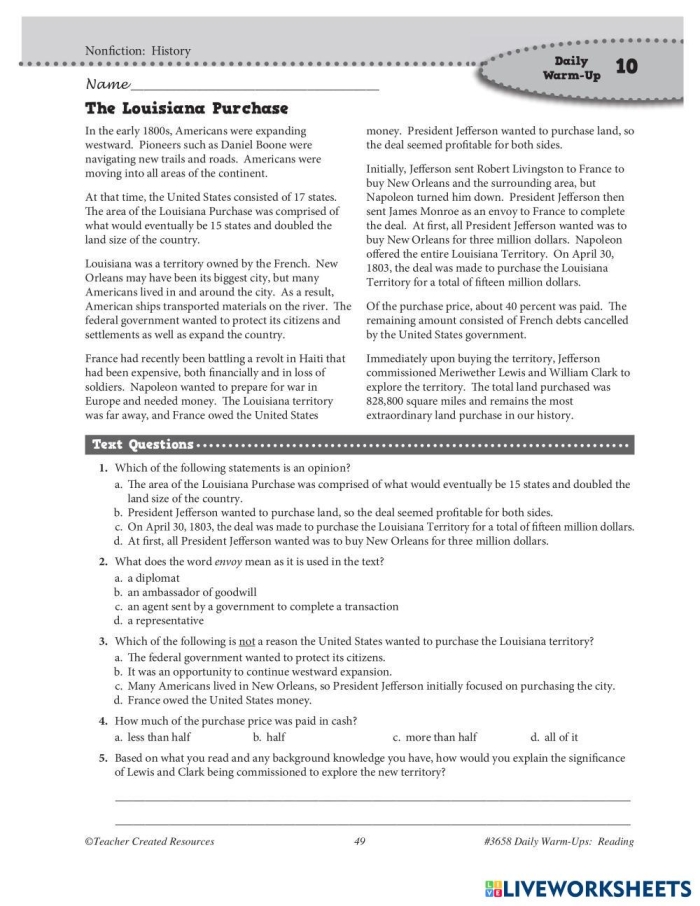 Fourth grade Louisiana Purchase worksheet featuring a map activity on U.S. expansion