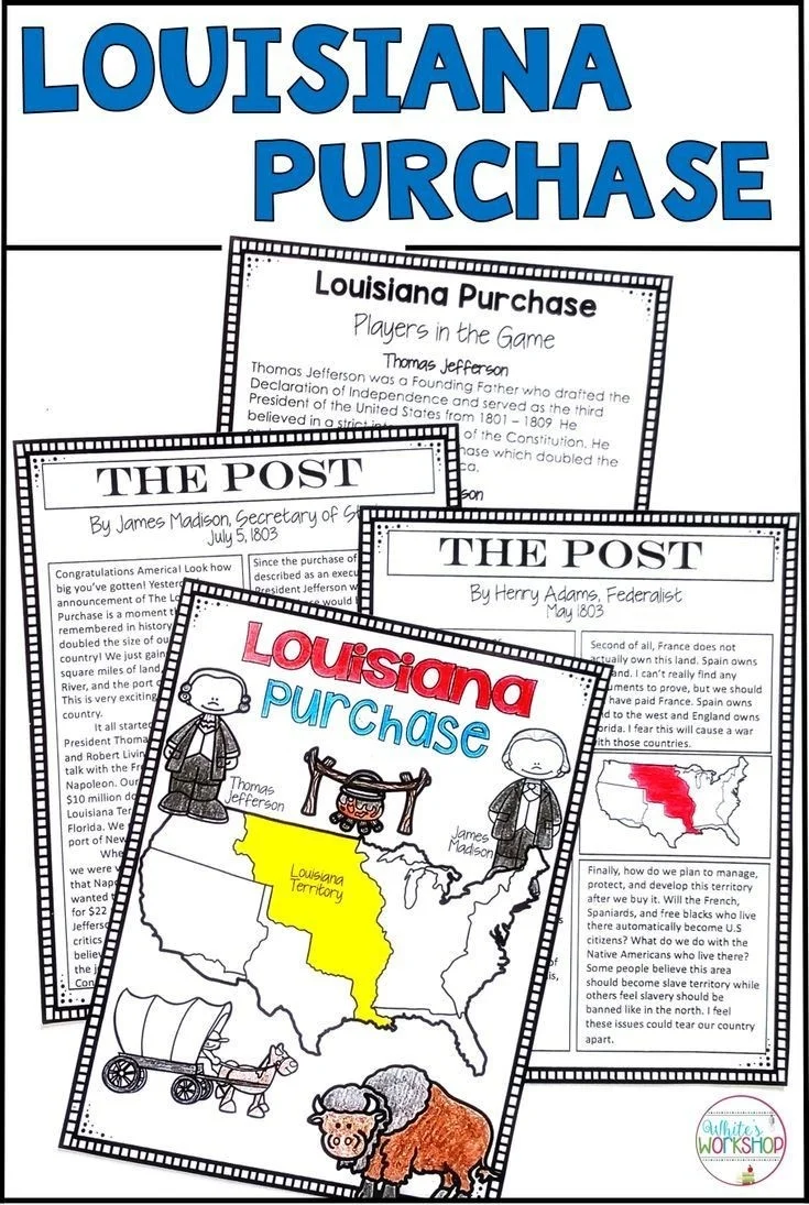Fourth grade Louisiana Purchase worksheet featuring a historical map activity