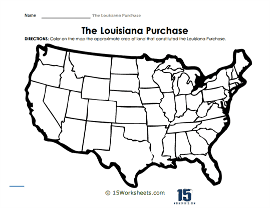 Fourth grade Louisiana Purchase worksheet showing a historical map activity