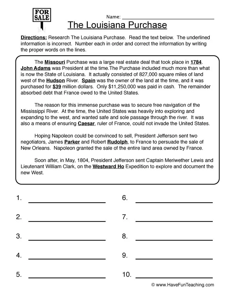 Fourth grade Louisiana Purchase worksheet featuring a map activity to explore U.S. expansion