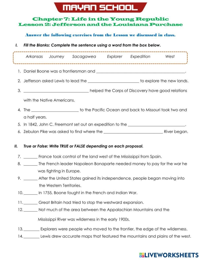 Fourth grade Louisiana Purchase worksheet with a map activity showing U.S. expansion