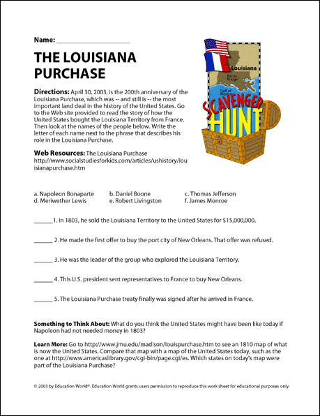 Fourth grade Louisiana Purchase worksheet with map activity and discussion prompts