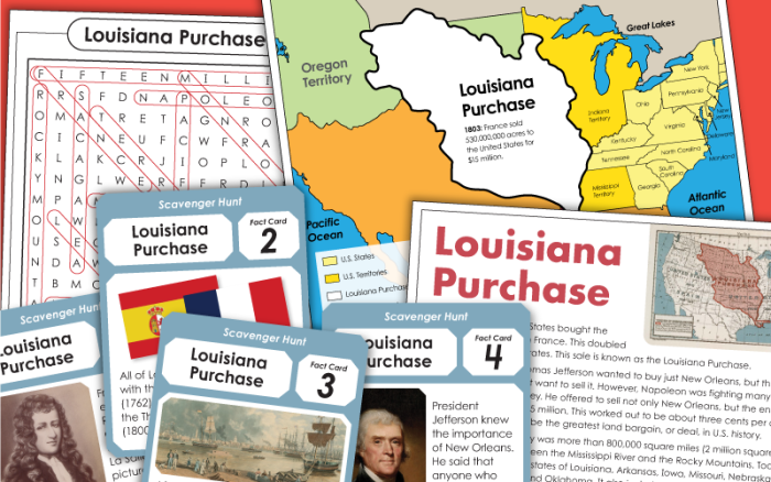 Fourth grade Louisiana Purchase worksheet featuring a map activity on U.S. expansion