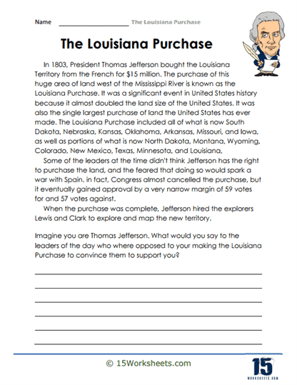 Learning About the Louisiana Purchase Through Numbers and Geography Fifth grade students exploring a Louisiana Purchase history worksheet with map and counting activities