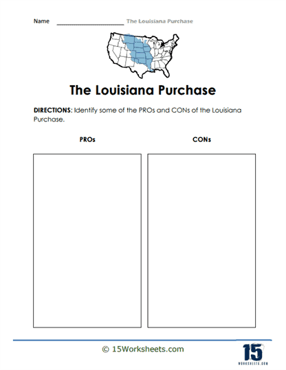 Learning about the Louisiana Purchase through an interactive geography and history activity for elementary students Fifth grade history worksheet showing a map and questions about the Louisiana Purchase expansion of the United States