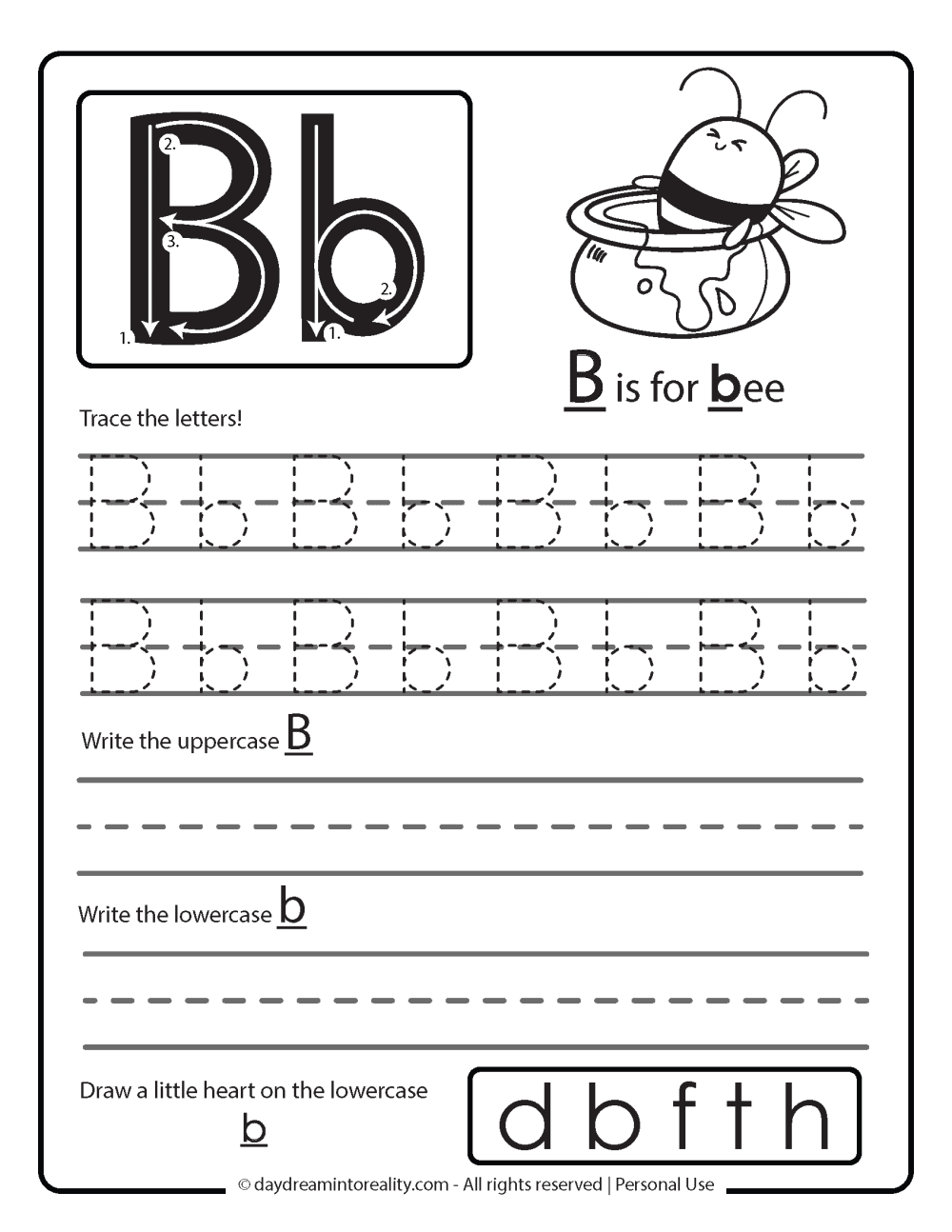 Pre-K writing practice worksheet focused on the letter b tracing and recognition, image 23 Worksheet for tracing and writing the lowercase letter b with pictures for Pre-K learners
