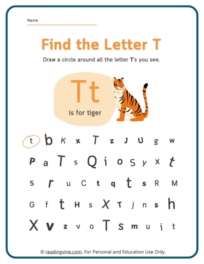 Lowercase letter t search activity for Pre-K writing skills development Child completing a worksheet to find lowercase t letters with a turtle illustration