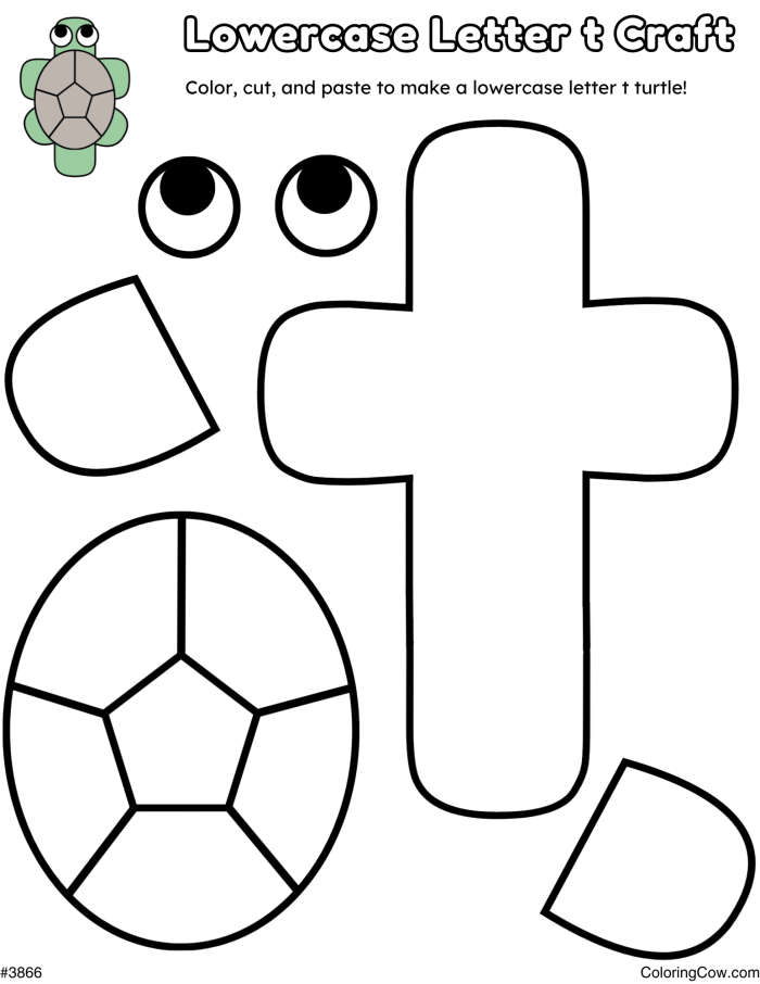 Find the lowercase t letters in this fun writing activity for young learners Pre-K worksheet where children spot lowercase t letters to help a turtle