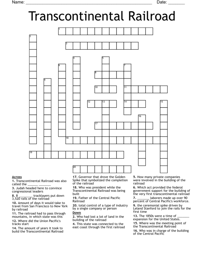 Fourth grade worksheet on finding the main idea about the Transcontinental Railroad
